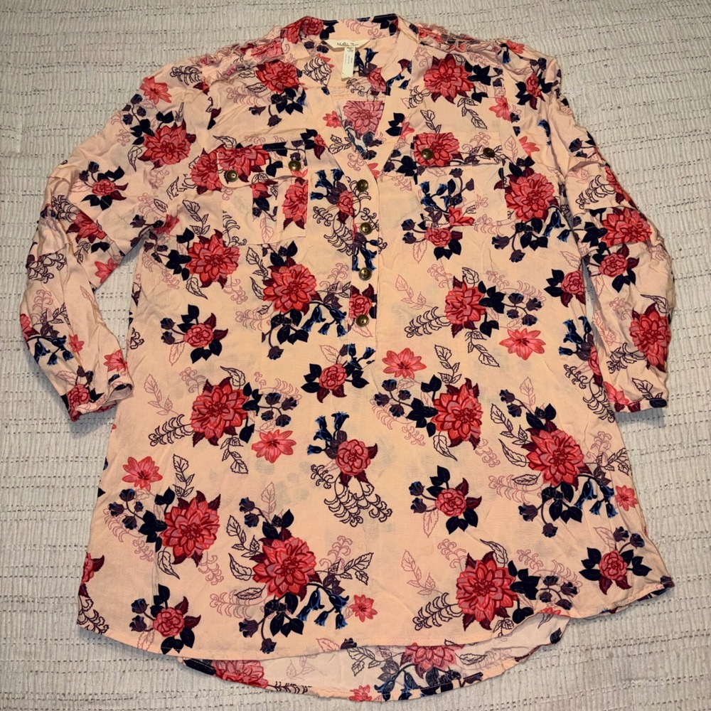 Matilda Jane Women Peach Floral Rayon Button Tunic Blouse Ruffle M Cottagecore